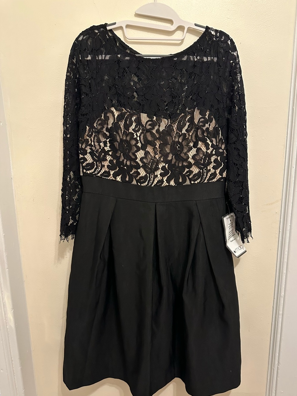 Eliza J Black Lace Bodice Fit-and-Flare Dress with Nude Underlay